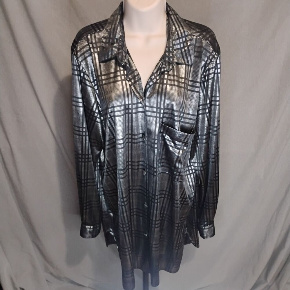 Gianna Silver Metallic Plaid Tunic Top Glam Shirt Womens 30 Sheer Silky 1X 2X 3X